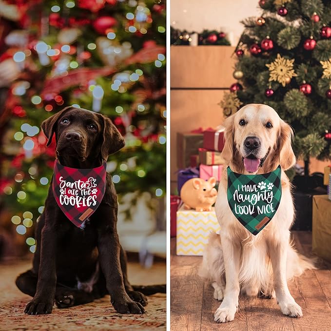 ADOGGYGO Christmas Dog Bandanas 4 Pack, Classic Plaid Triangle Pet Scarf Bibs Kerchief, Multiple Sizes Offered, Red Green Christmas Holiday Bandanas for X-Large Dogs Pets (X-Large)
