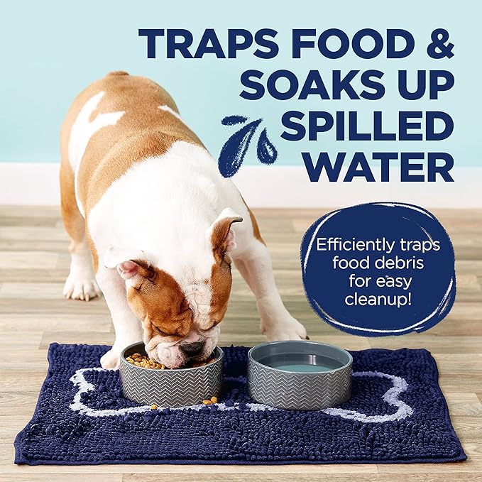 Soggy Doggy Slopmat - Water Absorbing Door Mat for Food and Water - Microfiber Chenille Rug for Muddy Paws and Messy Eaters - Machine Washable (Navy Blue/Oatmeal Bone, 18” x 24″)