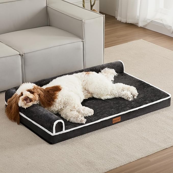 Patas Lague Orthopedic XL Dog Bed Large Sized Dog 48''X30'', Waterproof Comfortable L Bolster Big Extra Large Non-Slip Soft Warm Pet Crate Bed Sleep Sofa mat with Removable Washable Cover, Black