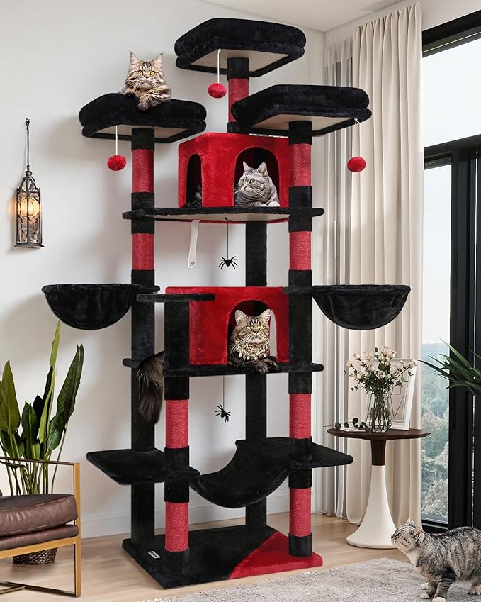 Globlazer Gothic Cat Tree, 80inch Goth Cat Tower for Indoor Cats Multiple Adult Cats XXL Cat Tree Large Cat Tower with Scratching Post, Hammock, 3 Perches, 2 Condos, 2 Hanging Basket, F80, Black Red