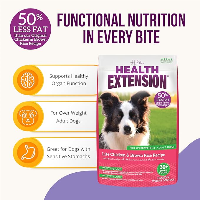 Health Extension Lite Chicken & Brown Rice Dry Dog Food (15 lb / 6.8 kg) - Low-Fat Formula with Glucosamine, Probiotics & Omega 3 for Overweight, Spayed, Neutered, or Senior Dogs
