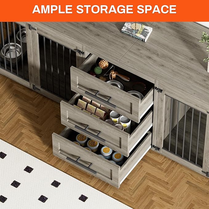 Rophefx 94.5" Dog Crate Furniture for 2 Dogs, Large Dog Kennel Furniture with 3 Storage Drawer, Wooden Dog Cage with 4 Bowls, Indoor Dog House TV Stand with Locks for Large Medium Dog, Grey