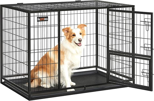 Feandrea 42.1 Inch Heavy Duty Dog Crate, Metal Escape Proof Kennel with Double Doors and Convenient Feeding Door, Removable Tray, Easy to Clean, XL Pet Crate for Large and Medium Dogs, Black