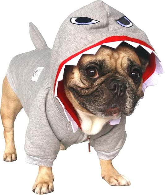 iChoue Shark Dog Halloween Costumes Clothes Sweater Cute Funny for French Bulldog Cold Weather Winter Coats Hoodies Frenchie English Pug Pitbull Corgi Puppy - Grey/Large Plus