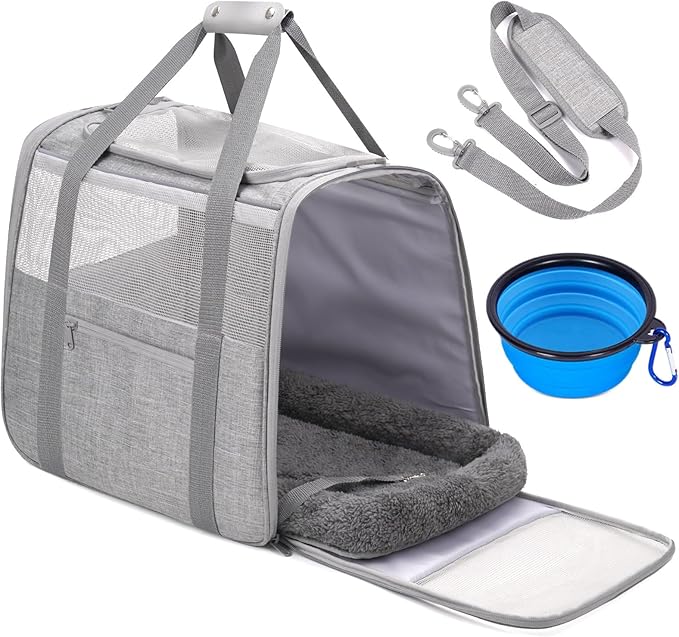 JUNGYOUN Premium Cat Carrier - Pet Carrier for Cat & Small Dogs up to 15lbs - Airline Approved Travel Dog Carrier with Anti-Escape Zippers, Collapsible Travel Bowl & Padded Strap,Grey
