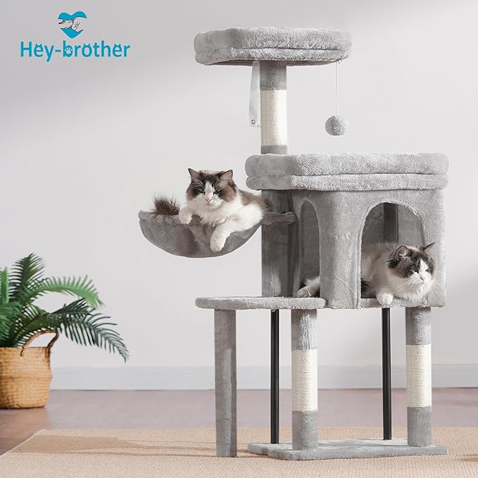 Hey-brother Cat Tree Tower, Scratching Posts with Cozy Condo, Padded Bed, Hammock, Plush Perch, Sisal Post and Ball for Indoor Kittens, 44.9 Inches, Light Gray MPJ009SW