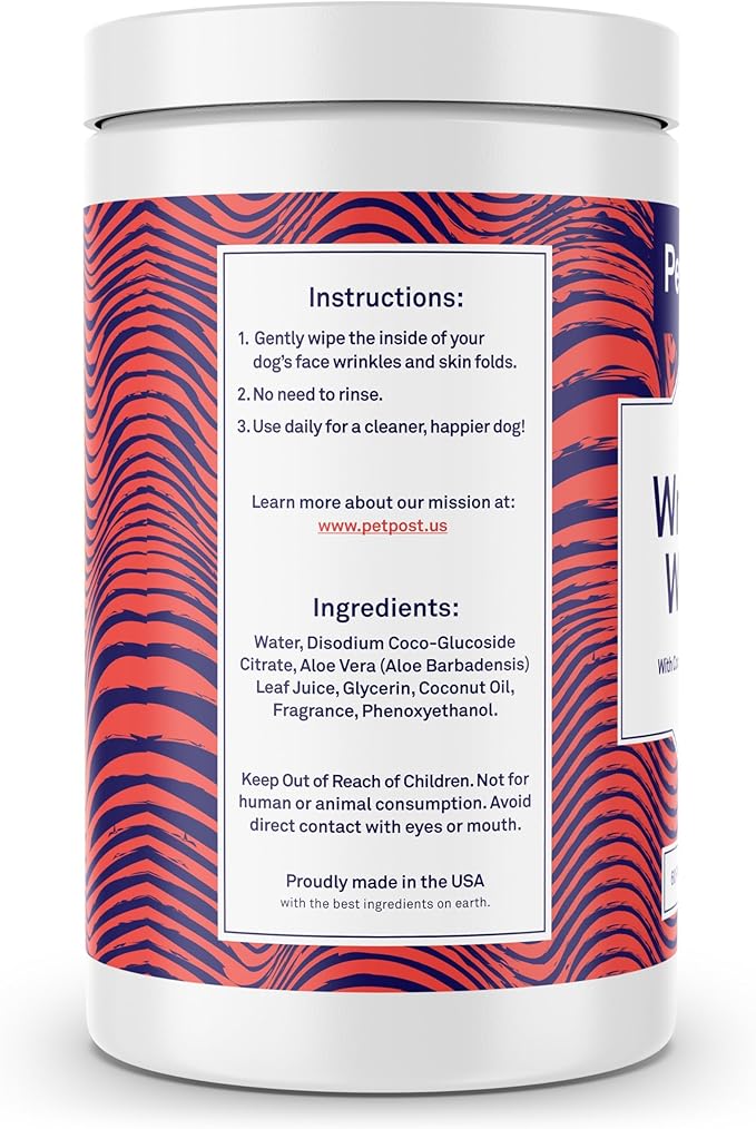 Petpost XL Wrinkle Wipes for Dogs | 60 Count Large 5x7 Dog Face & Wrinkle Cleaner | Gentle Pet Wipes with Coconut Oil & Aloe for Bulldogs, Pugs & Wrinkly Breeds | Dog Cleaning Wipes