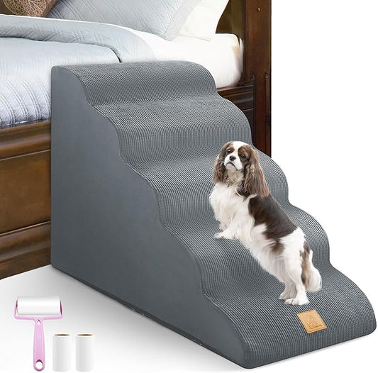 23-Inch Dog Stairs for High Beds, 5-Step Foam Slope Dog Stairs to Beds, Friendly to Old,Joint Injury,Short Leg Pets,Non-Slip Bottom Pet Ramp - Machine Washable,Gift 1 Lint Roller Set