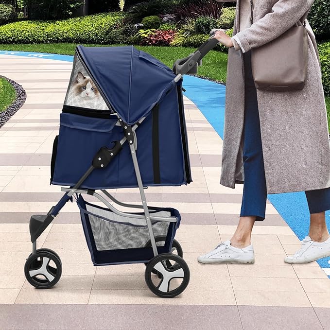 Cat & Dog Stroller, 3-Wheels Foldable Pet Stroller for Medium/Puppy Dogs & Cats, 30 Lbs, Breathable Mesh Navy with Storage Basket & Cup Holder