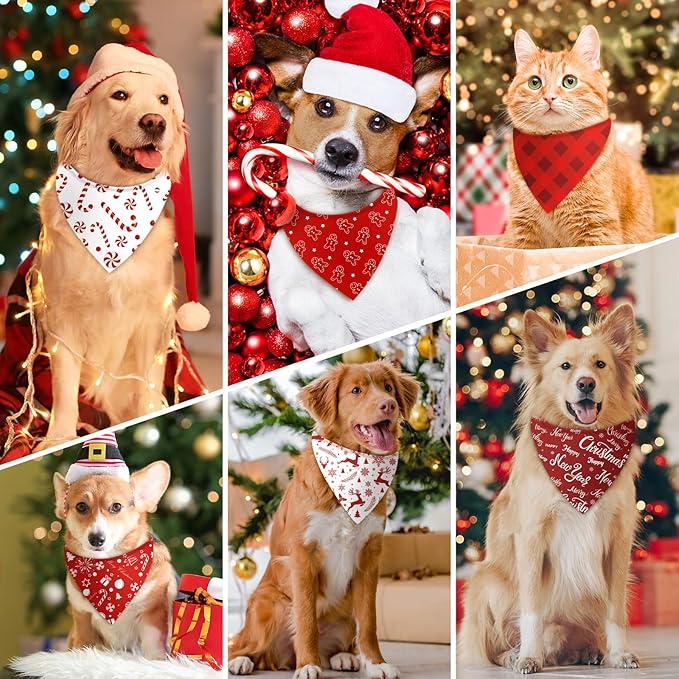 Abbylike 200 Pcs Christmas Dog Bandanas Bulk Xmas Red and White Bandanas for Dogs Triangle Kerchief Bibs Scarf Set for Pet Christmas Costume Photo Props Accessories Pet Shops, 25 Styles
