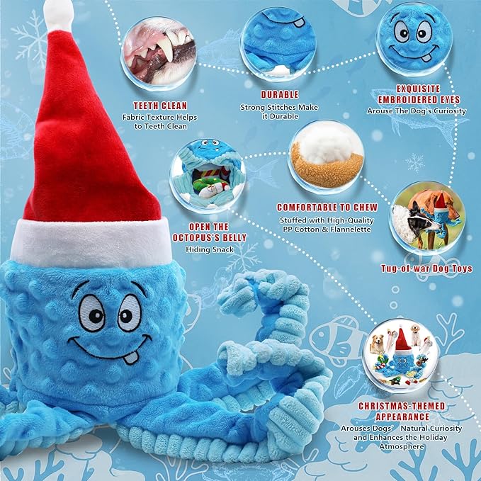 Squeaky Dog Toys, Christmas Octopus Dog Toy with 10 Pcs Small Dog Toy, Interactive Tug of War Dog Plush Toy, Crinkle Dog Toy Plush Dog Toys (Blue)