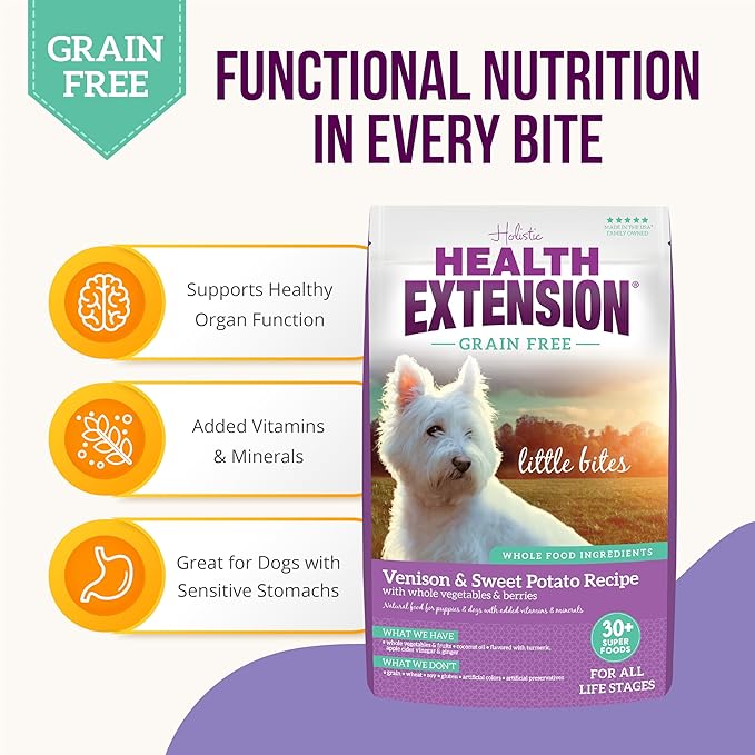 Health Extension Grain Free Venison & Sweet Potato Recipe Little Bites (3.5 lb / 1.59 kg) - Lean Protein Formula for Dogs with Poultry Allergies or Sensitive Stomachs