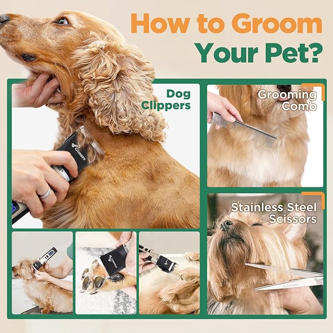 Gimars Cordless 4 Speed 7000rpm Dog Clippers with 6 in 1 4CR Stainless Steel Dog Grooming Scissors Kits, Low Noise 55db Rechargeable Pet Hair Thick Coat Trimmer Cat Shaver Clippers Kit for Cat Pet