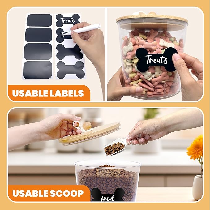 2 Pack Airtight Dog Food Storage Container, Dog Treat Container Dog Food Container with bamboo Lids 6x5'',Pet Food Storage Container,Cat Food Container with Scoops,Clamp,Labels,Pen