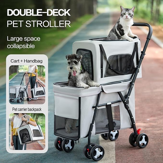 Pet Stroller Double Deck 4 Wheels - Easy-Fold Dog Cat Stroller for Small Medium Dog Cats Carrier, Travel Folding Carrier Breathable and Visible Mesh with Cup Holder（Gray）