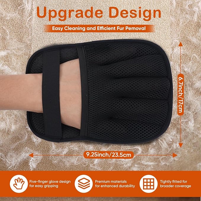 Pet Hair Removal Gloves 2-Pack - Upgraded Five-Finger Electrostatic Cats & Dogs Hair Brush Shedding | Reusable Pet Hair Remover Tool for Laundry, Furniture, Car Seat (Black)