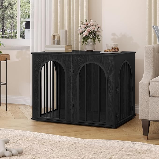 31.5'' Wooden Dog Crate Furniture, Indoor Dog Kennel Dogs Cage for Small/Medium Dogs, Heavy Duty Dog Crates Decorative Pet House End Side Table TV Stand, Black DFC85104B