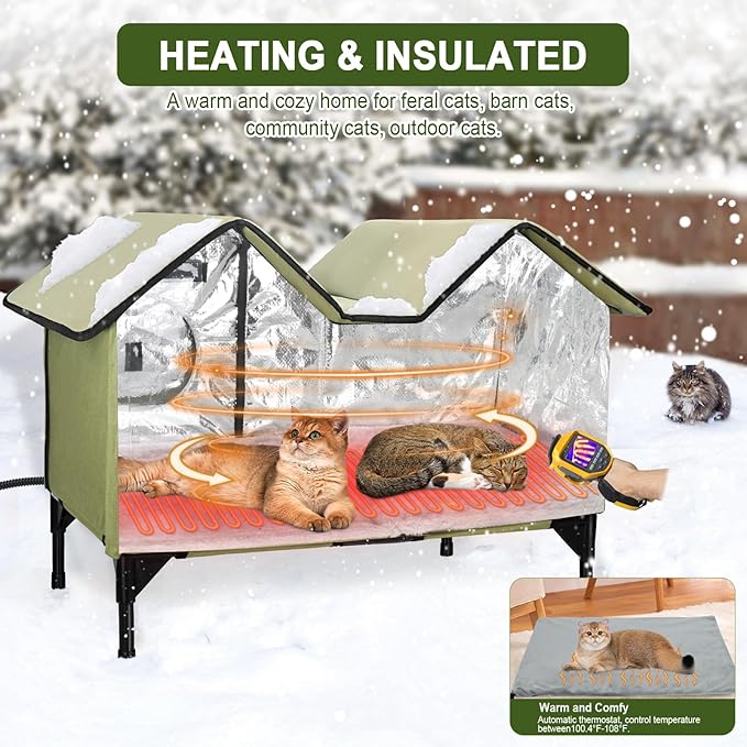 Heated Outdoor Cat House Weatherproof for Winter - Extra Large Heated Cat House for Outside, Elevated Bed, Escape Door, Fully Insulated Feral Cat Shelter for Multiple Cats Small Dogs, Easy Assembly