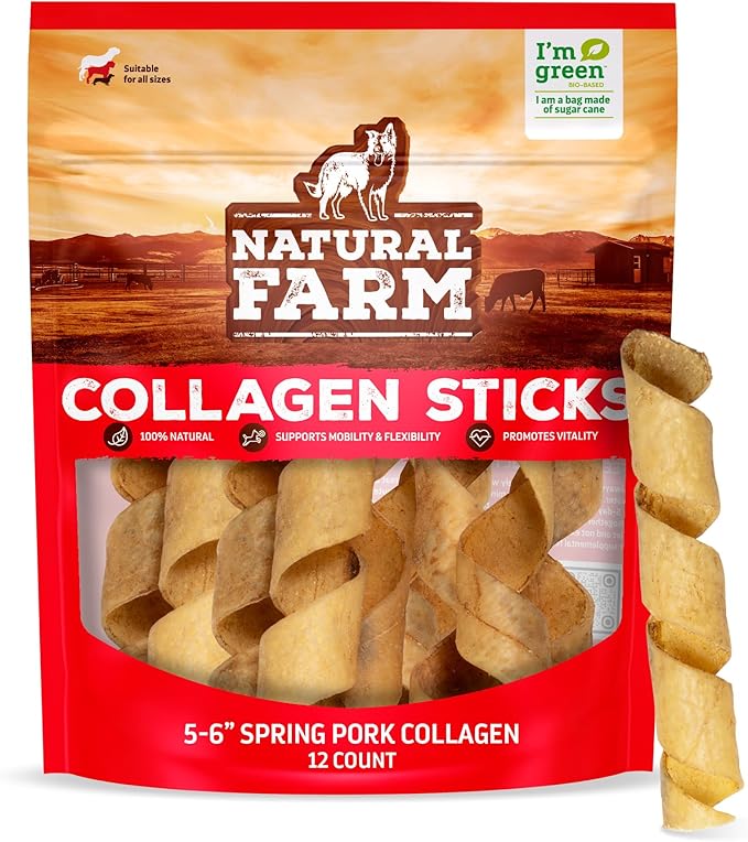 Natural Farm Curly Pork Collagen Sticks (5-6 Inch, 12 Pack), Fully Digestible & Natural Dog Chews, Flavorful & Long Lasting, Best for Small & Medium Chewers, Odor-Free Rawhide Alternative