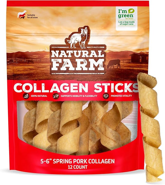 Natural Farm Curly Pork Collagen Sticks (5-6 Inch, 12 Pack), Fully Digestible & Natural Dog Chews, Flavorful & Long Lasting, Best for Small & Medium Chewers, Odor-Free Rawhide Alternative
