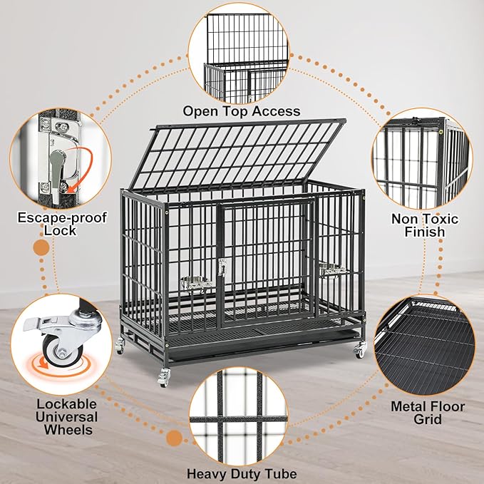 Homey Pet Three Levels 37 Inch Dog Crate 4 Pack, Escape Proof Dog Cage Kennel Indoor with Top Access and Lockable Wheels, Removable Tray, Heavy Duty Dog Crates for Medium/Small Dogs