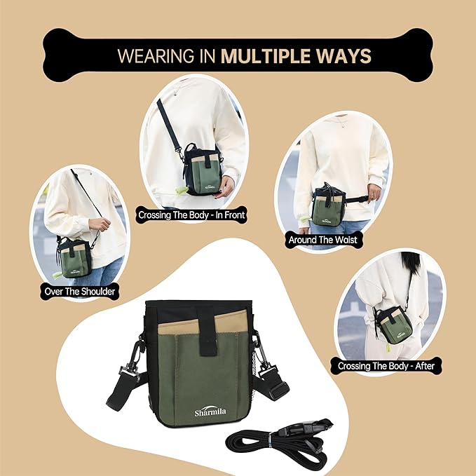 Sharmila Dog Treat Pouch - Large Capacity Storage & Multi-Pocket Design, Waterproof Training Treat Pouch Constructed from High-Density Oxford Fabric for Pet Training, Dog Walking, Hiking (Green)