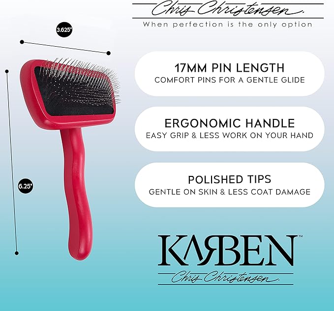 Chris Christensen Karben II Slicker Brush for Dogs, Groom Like a Professional, Ideal For All Coat Types, Remove Shedding Coat, Tangles and Dead Undercoat, 17 mm Stainless Steel Pins, Red, Small