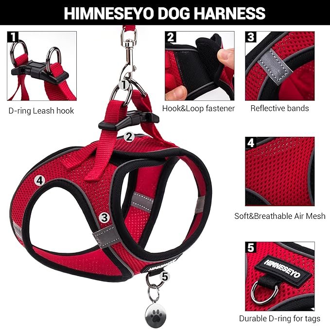 Dog Harness and Leash Set, Dog Harness for Dogs No Pull, No-Chock Step-in Reflective Breathable Lightweight Easy Walk Vest Harnesses with Safety Buckle for Small Medium Dogs, Cats (Red, XXS)