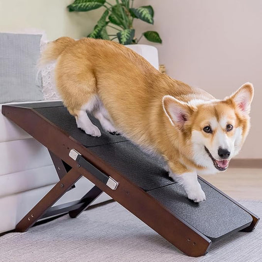 Dog Steps for Bed & Couch 2-in-1 Dog Stairs/Ramp - Height Adjustable Dog Ramp for Couch 7” - 20” - Pet Stairs, Dog Stairs for Small Dogs - Easy to Move Pet Steps with Landing Platform, Walnut