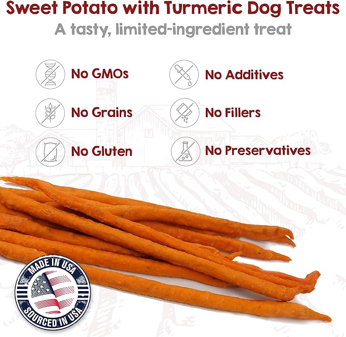 Riley's Slims Dried Sweet Potato Dog Treats - Dehydrated Chews with Turmeric - Limited Ingredient USA Sourced Sweet Potato - Made in The USA - 7.5 oz
