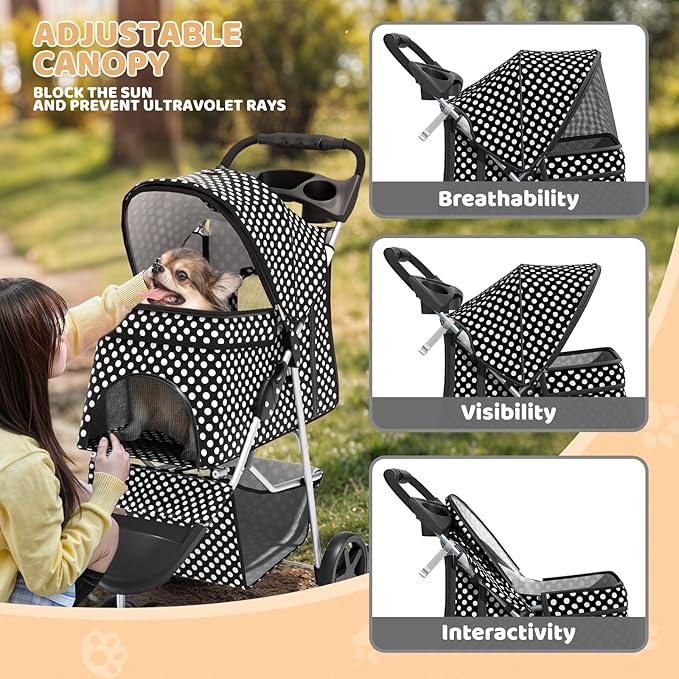 Magshion 3-Wheel Pet Stroller, Foldable Travel Jogger for Small & Medium Dogs & Cats (Up to 33lbs), Lightweight Carrier with Breathable Mesh Cover, Cup Holder & Storage Basket, Black Polka Dots