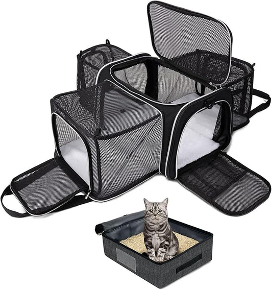 BAGLHER Expandable Cat Carrier with Travel Litter Box, Pet Travel 5 Sides Open Doors 3 Sides, Leak-Proof and Collapsible, for Car, Airplane Trip, Black