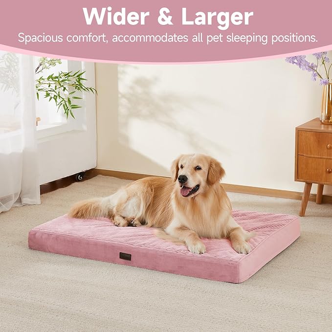 OhGeni Orthopedic Waterproof & Machine Washable Dog Bed for Medium Large Pets, Cat Mat with 25D Egg Crate Foam, Non-Slip Bottom & Removable Cover, 44 Inches(Pink)