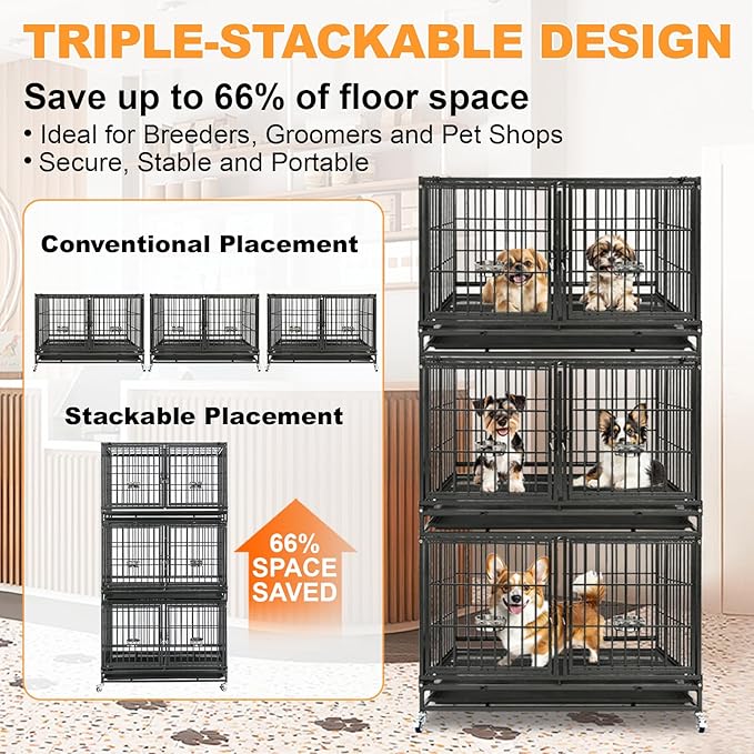 Homey Pet 43 Inch Dog Crate, Heavy Duty Stackable Dog Crate Cage Kennel for Medium Dogs with Divider, Bowls, 3 Door, Removable Grid & Tray, 4 Lockable Wheels, Breeding & Grooming Drop Cages for Dogs