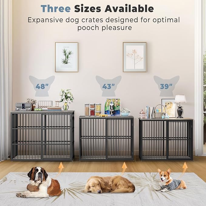 Lyromix 48'' XXL Dog Crate Furniture with 3 Doors, Wooden Crate End Table Heavy Duty Indoor Combination Cage for Medium to Large Dogs, Multiple Units Can be Combined, Grey