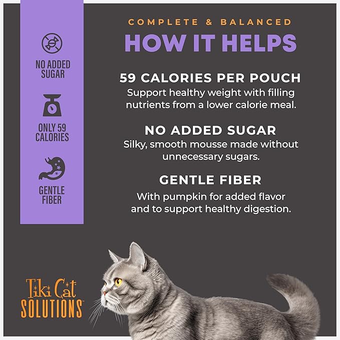 Tiki Cat Solutions Light Mousse, Chicken, Turkey & Pumpkin, Formulated to Support Healthy Trim and Fit, Functional Wet Cat for Adult Cats, 2.4 oz. Pouch (12 Count)
