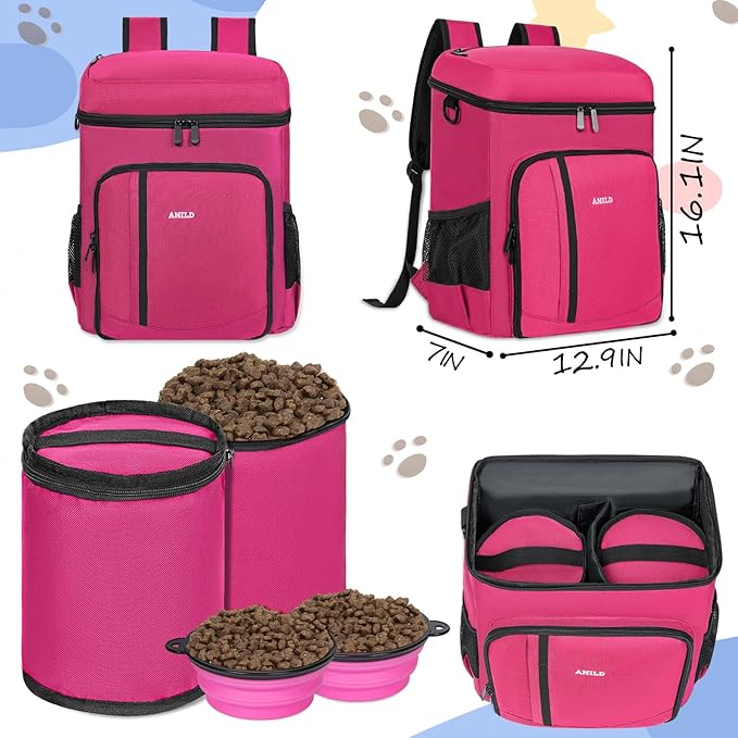 ANILD Dog Travel Backpack - Airline Approved Double-layer Pet Travel Backpack with 2 Food Storage Bag and 2 Foldable Silicone Bowls for Hiking & Camping