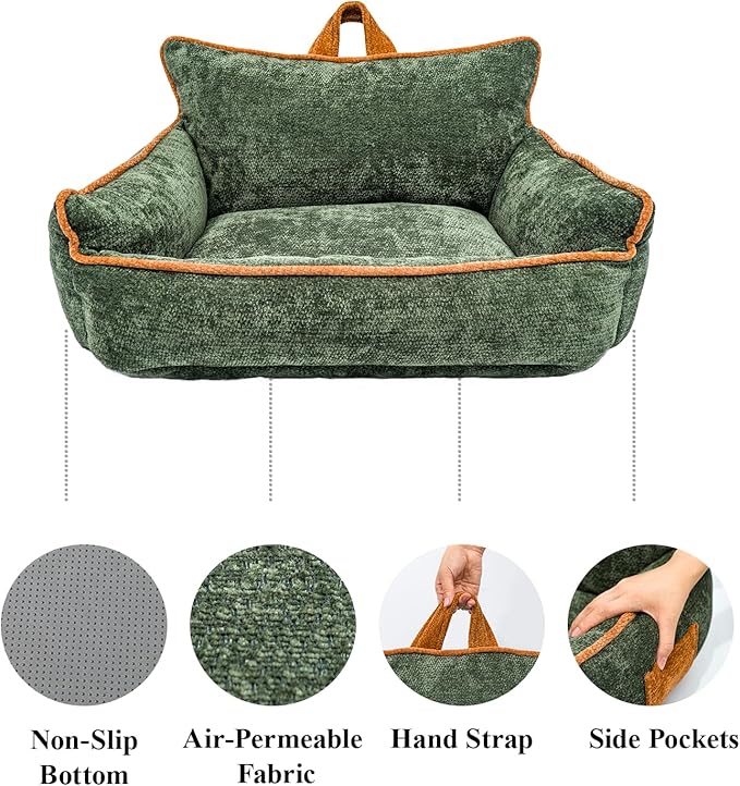 Large Orthopedic Dog Sofa Bed with Sides, Carry Handle & Side Pockets .Plush Chenille Orthopedic Pet Bed Couch for Large Dogs.Portable Snuggler for Indoor Use, Travel & Recovery (Green)