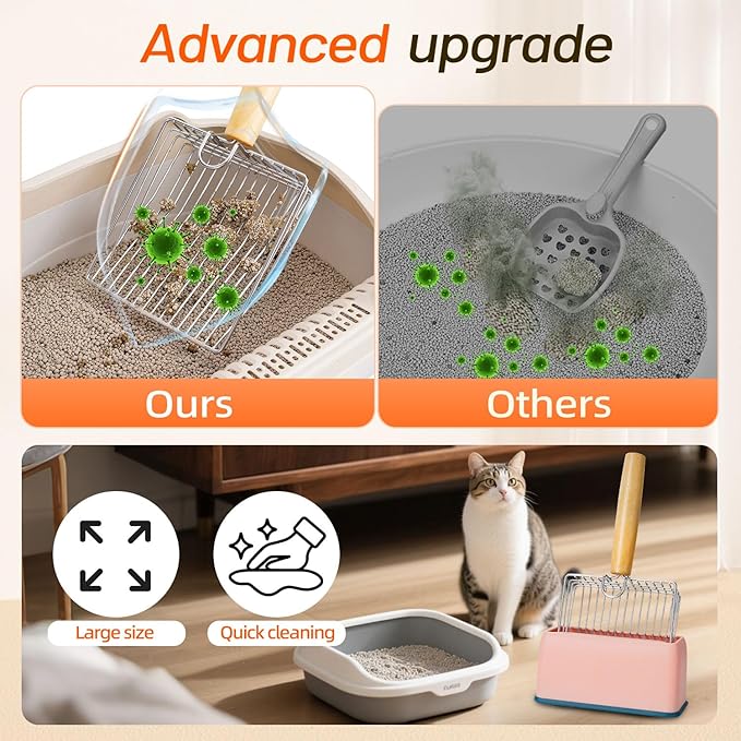 Metal Cat Litter Scoop Kitty Metal Scooper with Hook and Hole, Heavy Duty Stainless Steel Shovel with Wooden Stainless Steel Kitten Poop Lifter for Litter Box(Blue)