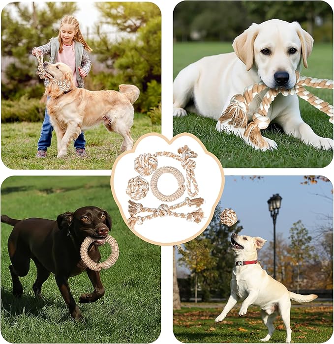 PetiFine Chew Toys for Dogs 4 Pack, Dog Rope Toy for Aggressive Chewers, Interactive Rope Ball Natural Cotton, Dog Tug of War Toy for Teeth Cleaning