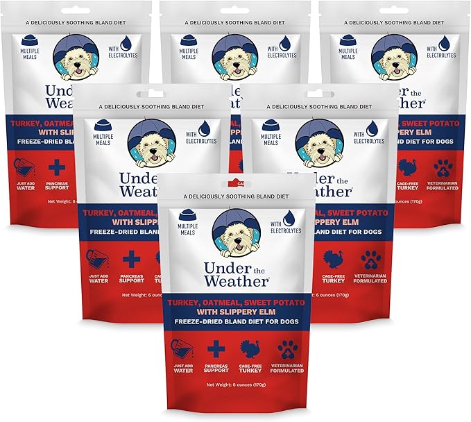 Under the Weather Bland Diet for Dogs | Easy to Digest Stomach Support for Sick Dogs | Contains Electrolytes, All Natural | 6 Pack - Turkey, Oatmeal, Sweet Potato & Slippery Elm - 6oz