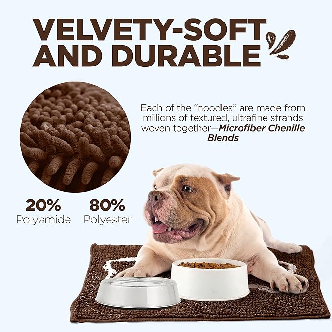 Soggy Doggy Slopmat - Water Absorbing Door Mat for Food and Water - Microfiber Chenille Rug for Muddy Paws and Messy Eaters - Machine Washable (Dark Chocolate/Oatmeal Bone, 18” x 24″)