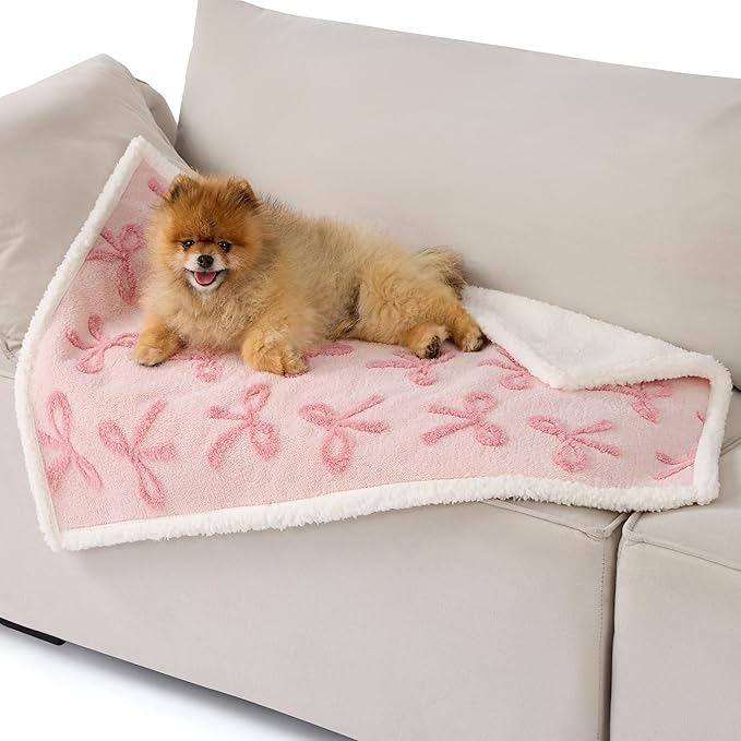 Lesure Waterproof Puppy Blanket for Small Dogs - Washable Double Sided Dog Blankets with Warm Jacquard Shag and Soft Sherpa Fleece, Pet Cat Blanket for Couch Protection, Bow Design，Pink Taffy