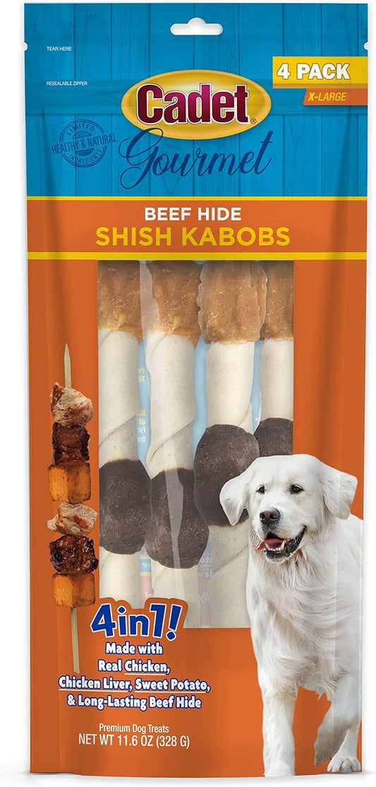 Cadet Gourmet Shish Kabob Dog Treats for Large Dogs, Healthy & Natural Chicken & Sweet Potato Chew Sticks, Beef Hide, Extra Large 10 Inch, 4 Count (Pack of 1)