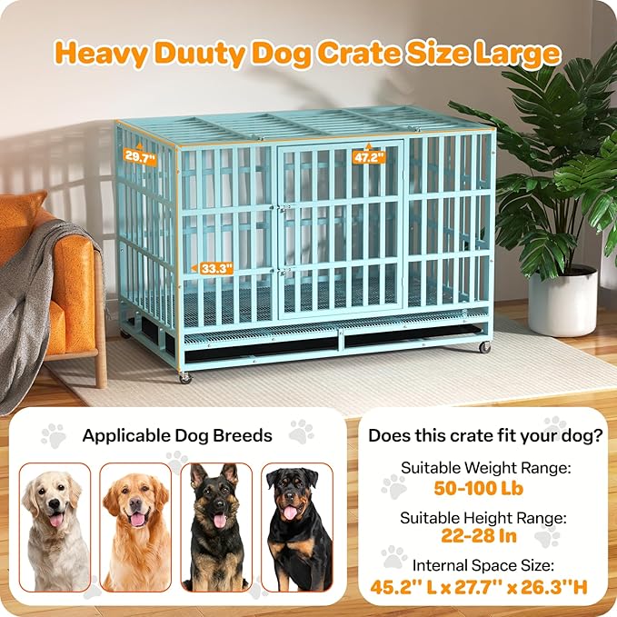 Heavy Duty Indestructible Dog Crate 48 Inch with Removable Tray, Sizes & Colors Optional, Escape Proof Double Door High Anxiety Cage Indoor, Kennel with Wheels for Large Dogs, XL XXL XXL