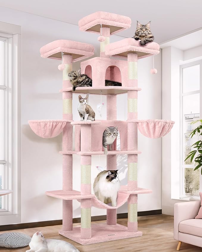 Globlazer Big Pink Cat Tower for Indoor Cats, 80inch Cat Tower for Multiple Adult Cats XXL Cat Tree with Scratching Post, Hammock, 3 Perches, 2 Condos, 2 Hanging Basket, F80, Pink
