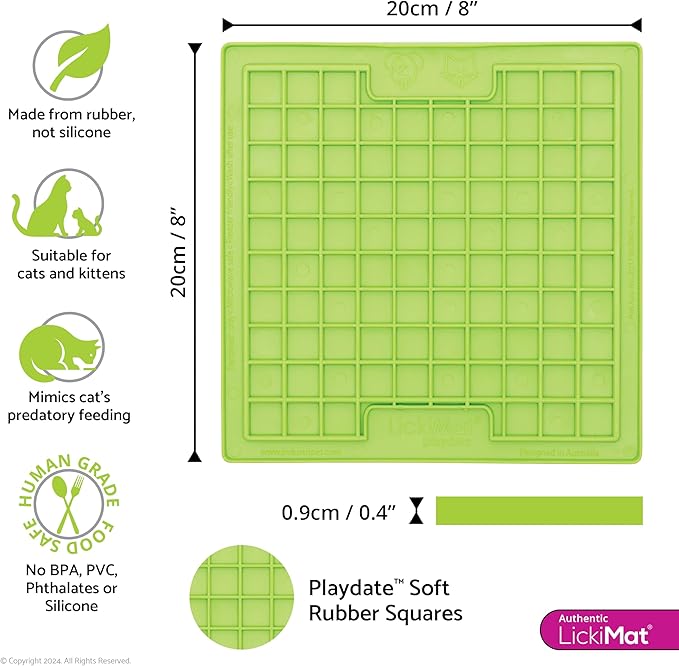LickiMat Classic Playdate, Cat Slow Feeder Lick Mat, Boredom Anxiety Reducer; Perfect for Food, Treats, Yogurt, or Peanut Butter. Fun Alternative to a Slow Feed Cat Bowl or Dish, Green