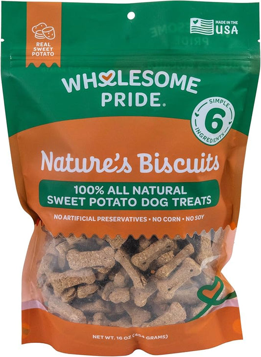 Wholesome Pride Nature’s Biscuits Dog Treats - Crunchy, Natural, Limited Ingredient, Grain-Inclusive Recipe with Fiber‑Rich Sweet Potato - Mini Bone-Shaped Treats for Dogs - 16 oz Bag