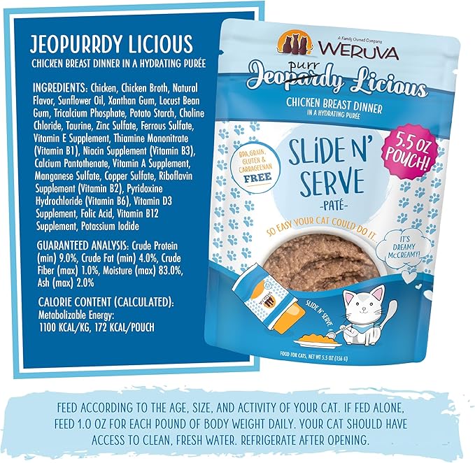 Weruva Wet Cat Food, Jeopurrdy Licious with Chicken Pate, 5.5oz Slide N Serve Pouch, Pack of 12