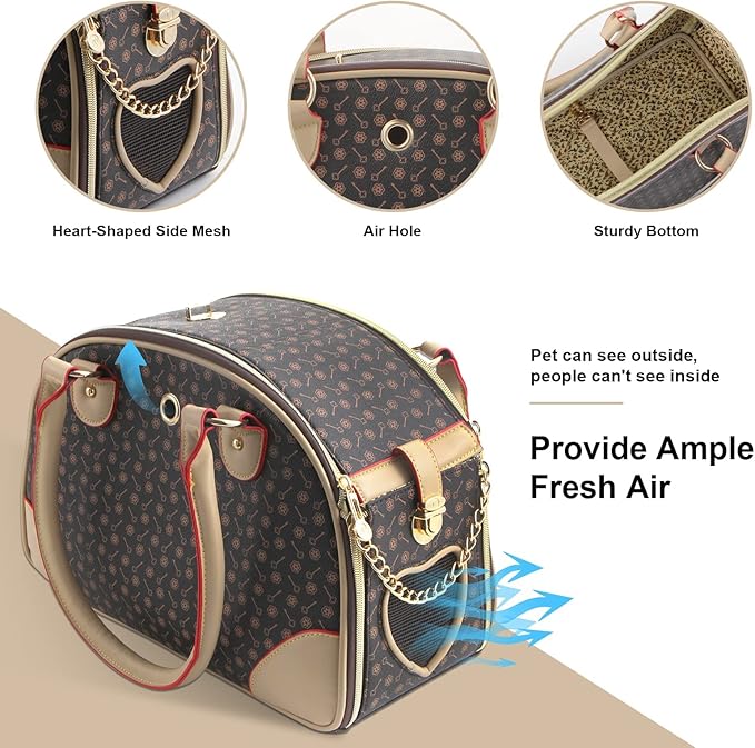 Fashion Dog Carrier PU Leather Dog Handbag Dog Purse Cat Tote Bag Pet Cat Dog Hiking Bag, Brown, Small 38 * 23 * 17cm